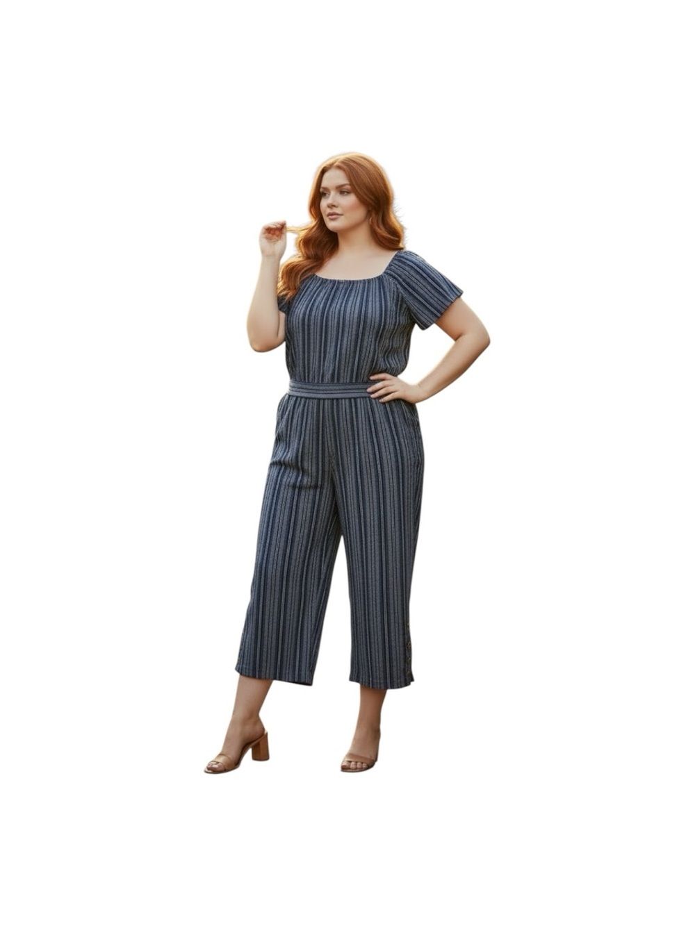 Plus Size X Navy Striped Short-Sleeve Wide-Leg 2 Piece Set